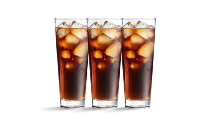 Tall Glasses of Cola with Ice Cubes Isolated on White Background