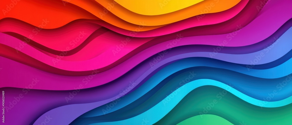 Poster vibrant colorful layered waves background in shades of rainbow, creating a dynamic and modern abstra