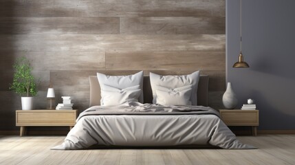 a photorealistic mockup of a serene bedroom in eco style, featuring a bed with organic linens, a wooden headboard made from recycled materials, and large potted plants