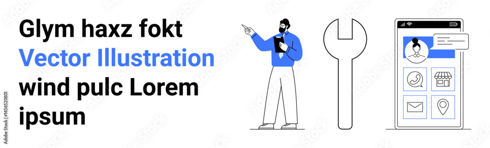 Poster man presenting with clipboard, wrench tool, mobile device showing user profile and icons. ideal for 