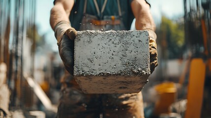 Construction Worker Holding a Concrete Block