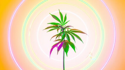 Vivid Cannabis Plant Surrounded by Glowing Neon Light Rings and Colorful Mist, AI Generated