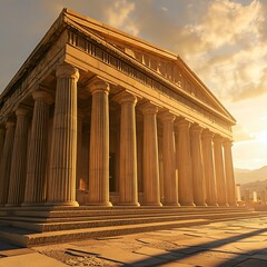 Obraz premium Greek temple under sunset’s golden light creating dramatic shadows high resolution picture