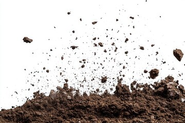 Soil explosion effects showcasing flying debris and particle dispersion isolate on white background