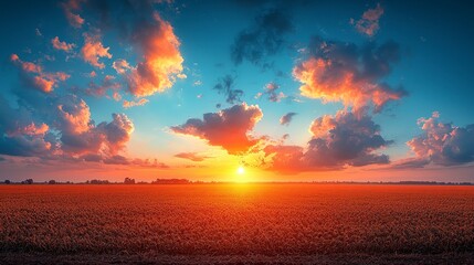 Obraz premium Sunrise over golden field, sky ablaze with bright colors