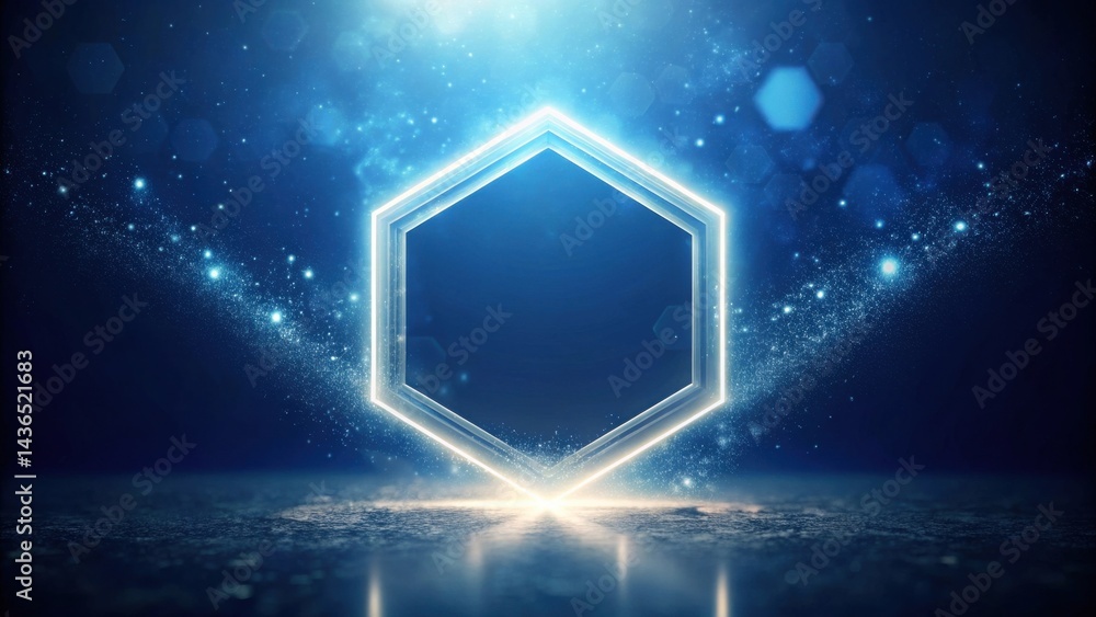 Poster Illuminated Hexagonal Frame Glowing with Bright Energy on a Dark Reflective Surface
