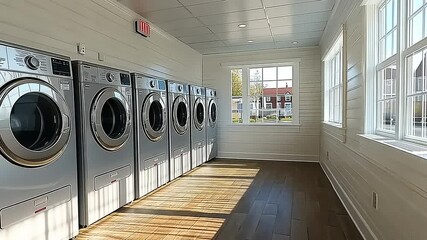 Bright, modern laundry room with sunny windows