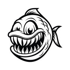 Cartoon Piranha Fish Illustration, Sharp Teeth, Black & White, Aggressive Fish Design