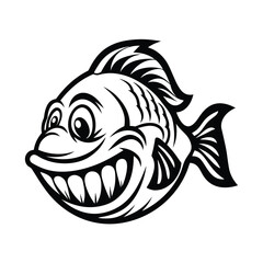 Cartoon Fish with Big Smile, Sharp Teeth. Black and White Silhouette, Bold Outline