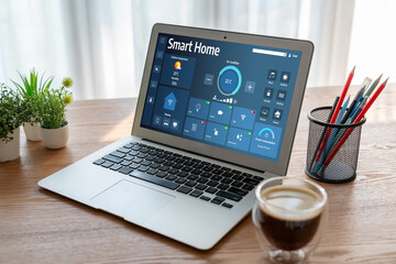 Smart home technology, centric remote control system with digital dashboard for air conditioning, safety security network or house automation. App software, ui panel programming IOT monitor snugly