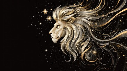 Majestic lion profile, cosmic mane, starry night, fantasy art, ideal for prints