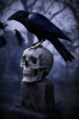 A raven stood upon a human skull in a cemetary, very detailed, anatomically correct, clean and crisp realistic photo created by ai