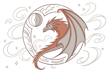 65 Fiery dragon, circular form, dynamic motion, swirling flames, ethereal mist, orange and gray tones, mythical creature, abstract art, energy vortex, smoky wisps, digital painting, fantasy illustrati