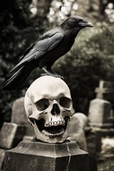 A raven stood upon a human skull in a cemetary, very detailed, anatomically correct, clean and crisp realistic photo created by ai