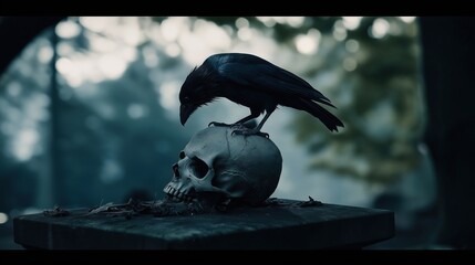 A raven stood upon a human skull in a cemetary, very detailed, anatomically correct, clean and crisp realistic photo created by ai