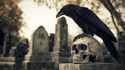 A raven stood upon a human skull in a cemetary, very detailed, anatomically correct, clean and crisp realistic photo created by ai