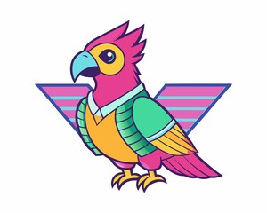 Retro Neon Parrot Illustration on White Background