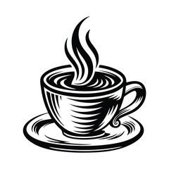 Coffee Cup Silhouette Steaming Hot Beverage, Black and White Icon, Isolated Design
