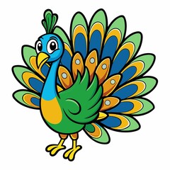 Vibrant Peacock Ink Illustration on White Background