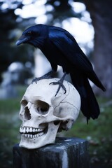 A raven stood upon a human skull in a cemetary, very detailed, anatomically correct, clean and crisp realistic photo created by ai