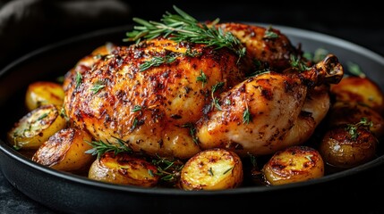 Roasted chicken with potatoes and herbs in a dark bowl.