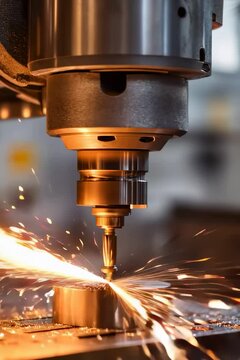Close-up of a CNC machine drill operating on a metal surface in a workshop, highlighting precision engineering, manufacturing, and industrial technology themes

