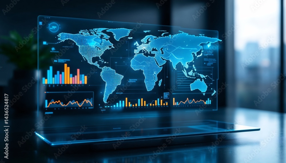 Aufkleber global digital interface: a futuristic, sleek interface displaying a detailed world map and real-tim