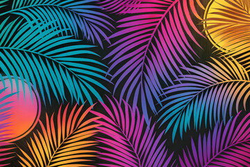 Abstract Carnival Music and Dance Festival Multicolored Tropical Palm Tree Leaves Isolated Pattern, Exotic Jungle Floral Background, Sunrise, Rainbow Vibrant Color, Mardi Gras Carnival Party Decoratio