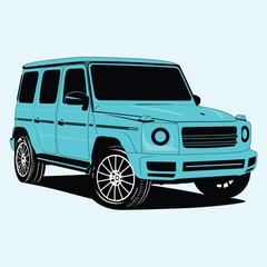 Blue luxury car on white background with vintage design and travel theme. Blue color car vector illustration of white vehicle refilling power. Eco friendly anti oil car illustration.