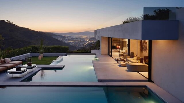 Modern villa with infinity pool at sunset  