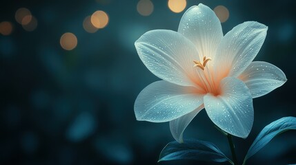 Glowing white lily with dew drops, dark background