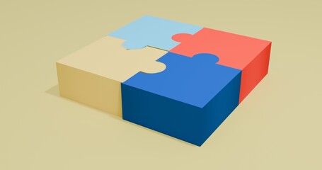 3d render of puzzle pieces, colorful puzzle on a yellow surface, autism and autism awareness concept, thinking and creativity, problem solving background