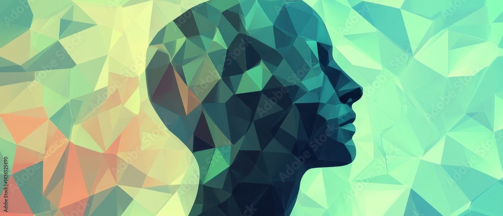 Poster abstract polygonal human head in profile with geometric mosaic background concept of artificial inte