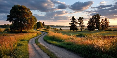 Winding path through golden fields at sunset