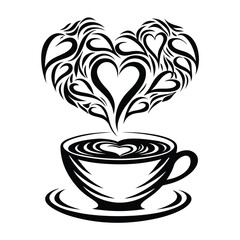 Cup with Heart Steam Pattern, Swirls, Curlicues, Ornament, Black and White Art