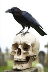 A raven stood upon a human skull in a cemetary, very detailed, anatomically correct, clean and crisp realistic photo created by ai