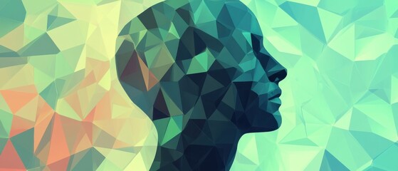 Abstract polygonal human head in profile with geometric mosaic background Concept of artificial intelligence, future technology, and digital mind