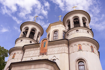 Church of the Ascension of the Lord in Zvenigorod, summer day, sky with clouds