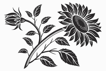 Monochrome Sunflower and Rose Stem, Decorative Black Floral Silhouette with Leaves