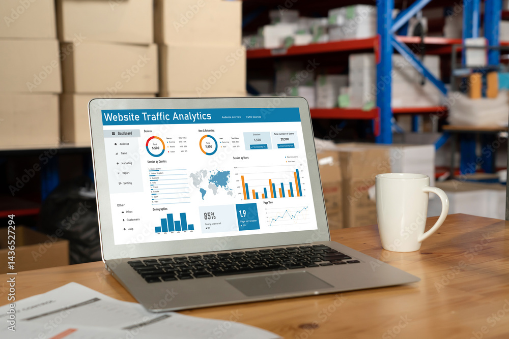 Poster computer software for website traffic analytics data on computer screen. concept of seo search engin