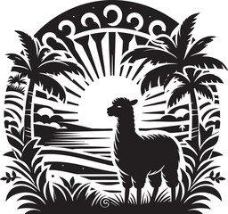 Vector art of a tropical island landscape with palm trees and lamb