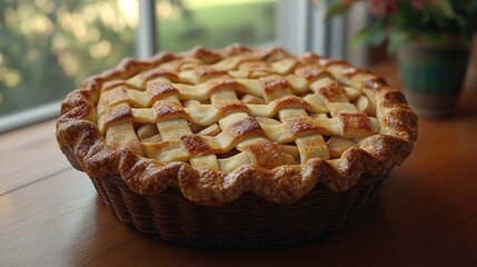 Golden-brown apple pie in a woven basket, sits on a wooden table by a window