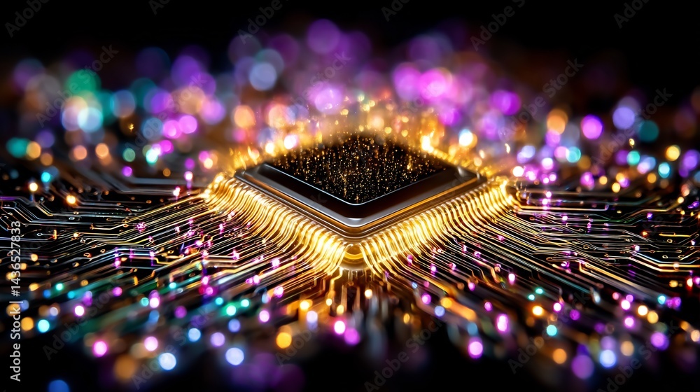 Poster integrated circuit with vibrant illuminated pathways for advanced technology