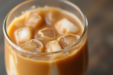 Close-up of a Refreshing Iced Coffee in a Glass with Ice Cubes, Creamy texture, and Delicate Bubbles on a Brown Background                            