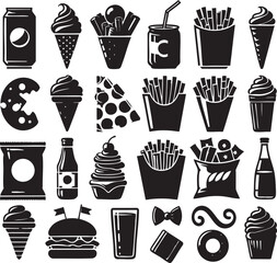 Fast food icons and ice cream set form a seamless vector pattern with dessert and drink symbols