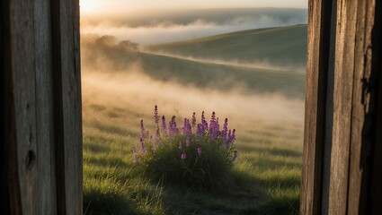 Flower Field Foggy Morning Landscape