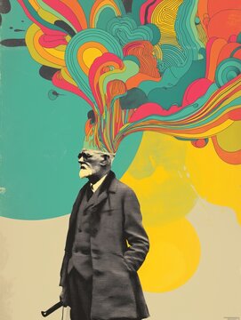 expressionist dadaist poster of sigmund freud depicted via paradoilic exploding psychedelic bubbles 