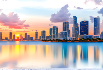 Obraz premium Stylized illustration of a city skyline reflected in water with bright colors and elongated shadows, high quality, generative ai