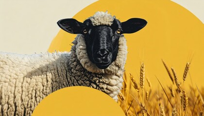 Curious sheep framed by golden wheat and vibrant abstract circles