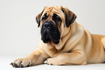 Gentle giant mastiff, serene expression, pure white backdrop, canine portrait, pet photography, dog